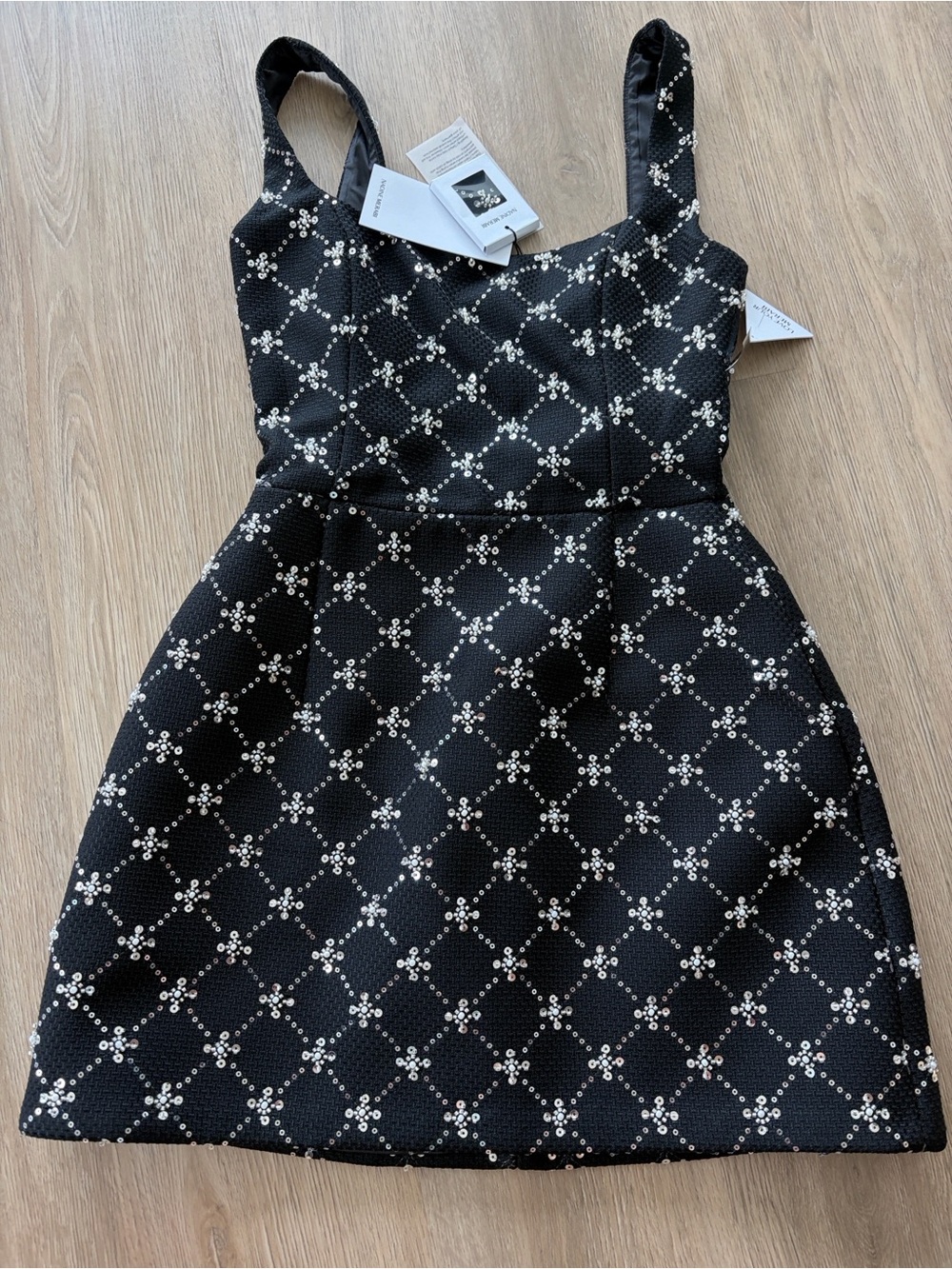 NADINE MERABI Black Mini Dress with Pearl Lattice Detail
